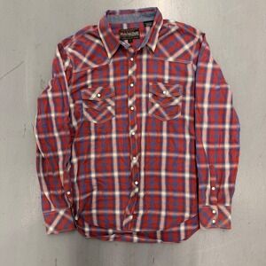 Rock‎ and Roll Cowboy Mens Red Blue Plaid Pearl Snap Western Shirt Large B2S2318